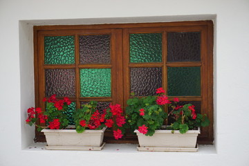 Canvas Print - stained glass wooden window with flowers