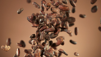 Cocoa beans flying in the air in freeze motion