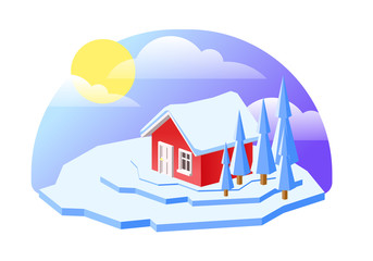 Vector illustration of isometric cute house on hill. Isolated winter day view.