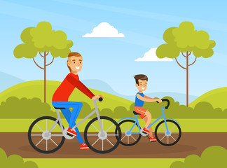 Sticker - Father and Son Riding Bicycle in Park Outdoor, Active Holidays, Kid Summer Outdoor Activity Cartoon Vector Illustration