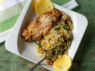 Wall Mural - Pan fried fish with vegetable rice
