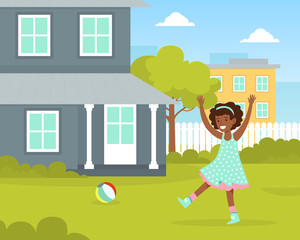 Sticker - Cute Girl Playing Ball at House Backyard, Kid Summer Outdoor Activity Cartoon Vector Illustration