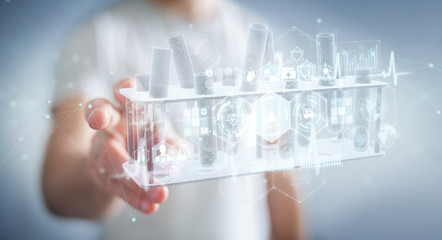 Aufkleber - Man holding and touching holographic tubes samples projection 3D rendering