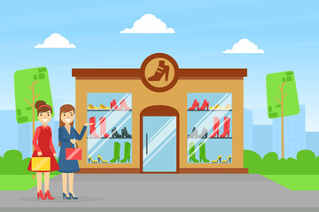 Wall Mural - Two Stylish Young Woman Going for Shopping, Two Girls with Shopping Bags Standing in front of Shoe Shop Cartoon Vector Illustration