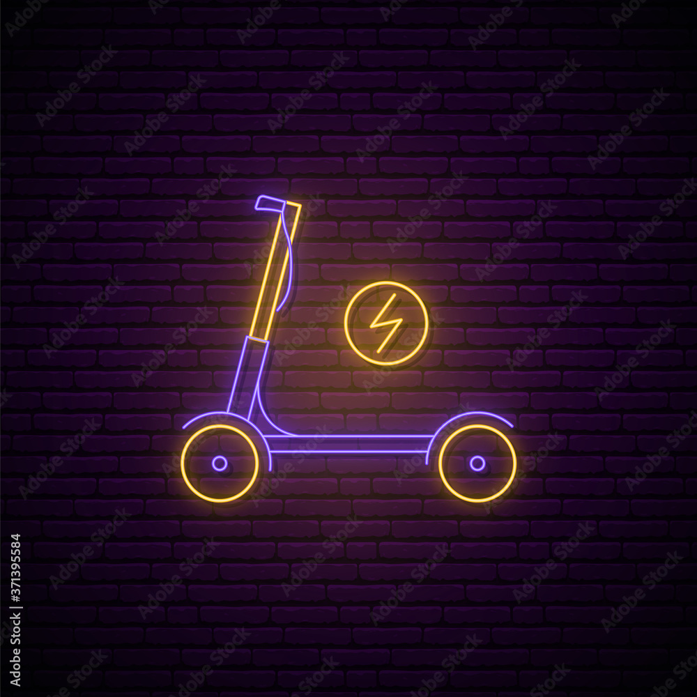 Image vectorielle Stock Neon electric scooter sign. Glowing kick ...