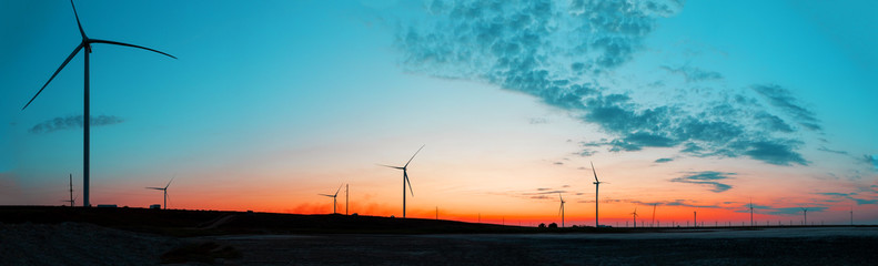 Panorama of wind farm at sunrise