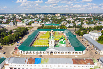 Gostiny Dvor and Spasskaya Church and shopping arcade, architectural heritage in the historical part of Kostroma. Kostroma region, Russia