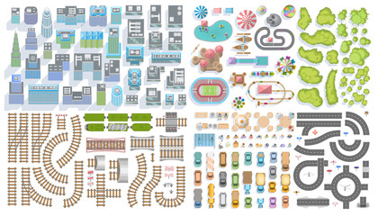 Wall Mural - Set of landscape elements. City. (Top view) Railroad, houses, buildings, attractions, road, cars, people, trees. (View from above)