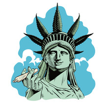 Statue Of Liberty With Hemp Leaf Holding A Rolled Joint. Legalize Marijuana Concept Print. Comic Style Vector Illustration.
