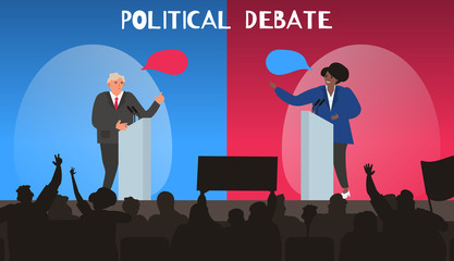 political debates two politicians man and woman on the stage election campaign vector illustration