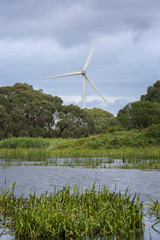 A wind turbine near wetlands in southern Victoria, Australia.