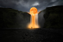 Orange Moon Over Great Waterfall