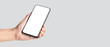 © weedezign - mockup hand holding mobile blank screen on grey background.mockup banner display of content to advert on media.Clipping path on both hand and smartphone screen