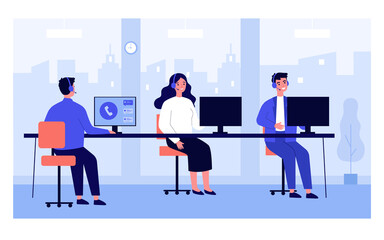 Poster - Call center operators at their office workplaces. Support service consultants wearing headsets, working at computers. Vector illustration for customer support, hotline, telemarketing concepts