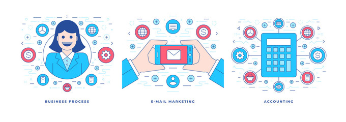 Poster - Set of vector illustrations flat line banners with icons modern business solutions for social media marketing