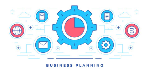 Poster - Vector illustration of flat line banner with gear and icons for modern website offering business planning services