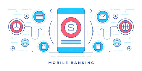 Poster - Vector illustration of flat linebanner with smartphone and icons for modern website promoting mobile banking services