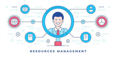 Poster - Vector illustration of flat line banner with icons around magnifying glasses with HR manager for resources management