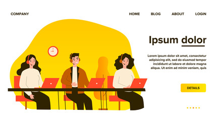 Poster - Smiling call center operators in office flat vector illustration. Cartoon characters with headsets and laptops supporting customers. Company support service and hotline concept