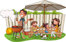 Cartoon Family Having Barbecue. Family In The Yard On A Sunny Day.
