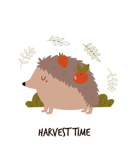 Wall Mural - Cute hedgehog with fruits on his back. HARVEST TIME text