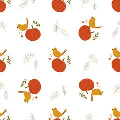 Wall Mural - Cute seamless pattern with pumpkins and birds. Autumn motives