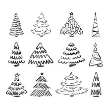 Hand Drawn Christmas Tree Collection. Set Of 12 Doodle Illustrations Of Firs. For Cards And Package Design. EPS 8