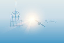 Bird Flies Out Of The Cage Into The Sunny Sky Vector Illustration EPS10
