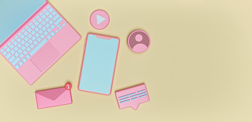 Poster - laptop, smartphone and social media icons. modern pastel minimal technology background. copy space. 3d rendering