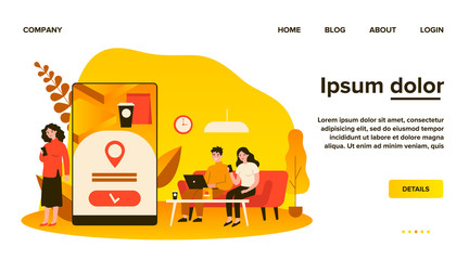 People using online app for food delivery. Customers ordering food in cafe or restaurant and eating at home. Vector illustration for mobile application, takeaway dinner, service concept