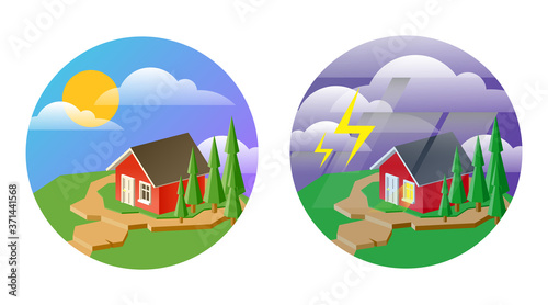 Vector illustration of 2 different summer weather. Sun and storm isolated on white.