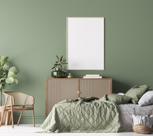 Poster Frame Mockup In Farmhouse Bedroom, Green Room Interior Design With Natural Wooden Furniture

