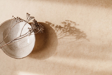 minimalist ceramic bowl with dry plant over kraft paper background. copy space, flat lay.