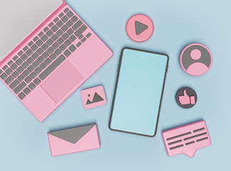Poster - laptop, smartphone and social media icons. modern pastel minimal technology background. 3d rendering
