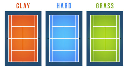 Vector Illustration set Of Tennis Court with different surface. Top View.