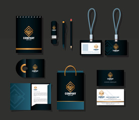 corporate identity brand mockup, mockup of stationery supplies black color with golden sign vector illustration design