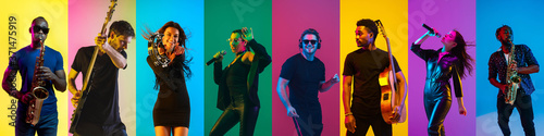 Fotografía Collage of portraits of 8 young emotional talented musicians on multicolored background in neon light