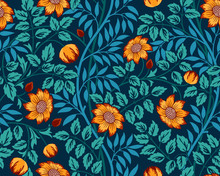 Vintage Floral Seamless Pattern With Orange Flowers And Foliage On Dark Blue Background. Vector Illustration.