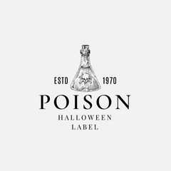 Wall Mural - Premium Quality Halloween Logo or Label Template. Hand Drawn Poison Flask Bottle Sketch Symbol and Retro Typography.