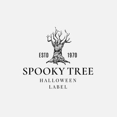 Wall Mural - premium quality halloween logo or label template. hand drawn spooky tree with evil face sketch symbo