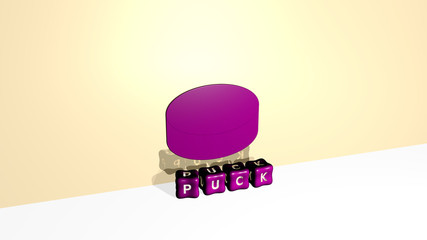 3D illustration of PUCK graphics and text made by metallic dice letters for the related meanings of the concept and presentations for hockey and sport