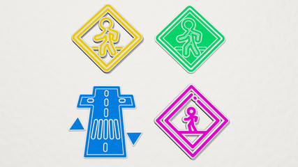 Wall Mural - crosswalk colorful set of icons - 3D illustration for city and crossing