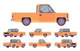 Fototapeta Pokój dzieciecy - Pickup truck orange set with cab and open cargo area. Large passenger van car, commercial vehicle for country travel or city delivery business. Vector flat style cartoon illustration, different views