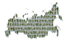 Large Collection Of Soldiers Troops Over Russian Map Vector Illustration Isolated On White Background. Different Army Soldier Rank Set Over Russia Map: General, Sergeant, Officers, Commander, Captain.