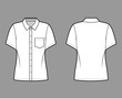 © Vectoressa - Shirt technical fashion illustration with angled pocket, short sleeves, relax fit, front button-fastening, regular collar. Flat apparel template front back white color. Women men unisex top CAD mockup