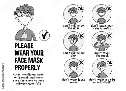 Infographics Wear Your Face Mask Properly Funny Cartoon Boy Shows How To Wear A Mask Incorrectly Vector Black And White Poster During A Pandemic Of A Coronovirus Infection Covid 19 Stock Vektorgrafik