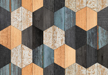 Weathered Wood Texture Background. Colorful Seamless Wooden Wall With Hexagonal Pattern Made Of Barn Boards. 