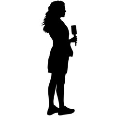 Wall Mural - Silhouette operator removes journalist with microphone on a white background