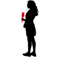 Wall Mural - Silhouette operator removes journalist with microphone on a white background