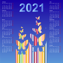 Stylish Calendar With Butterflies For 2021. Week Starts On Sunday.